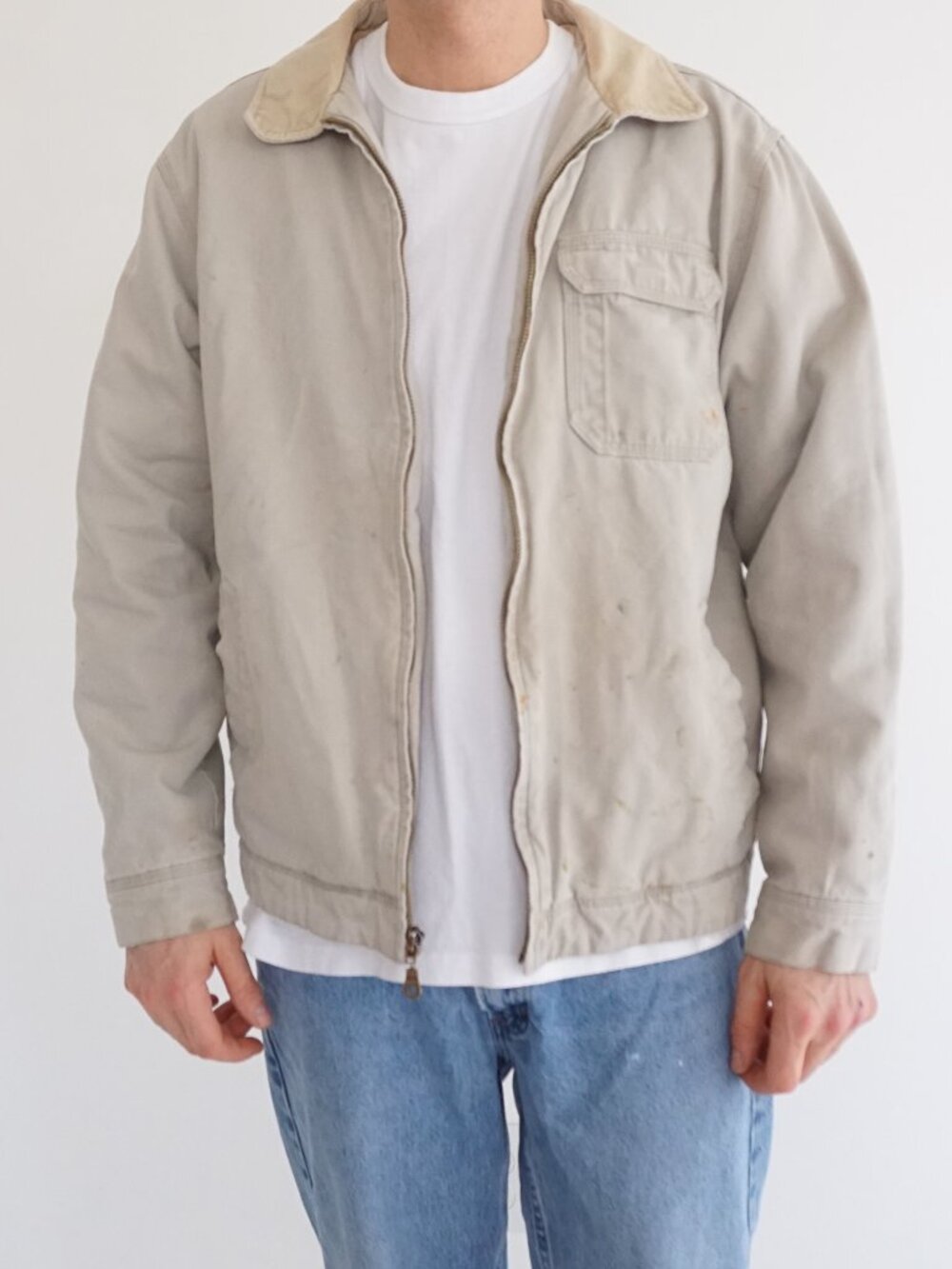 VTG Faded Glory Beige Canvas Work Corduroy Collar Zip Utility Farmhouse Jacket M